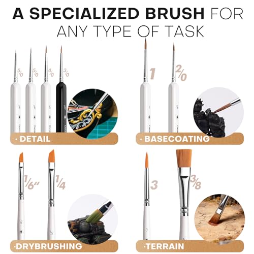 Golden Maple Model Brush Set, 4 Large Dry Brushes 6 Masterclass Kolinsky Sable Miniature Paint Brushes, Fine Detail Paint Brush Set - for Miniature Painting, Drybrushing, Layering & Insane Detail