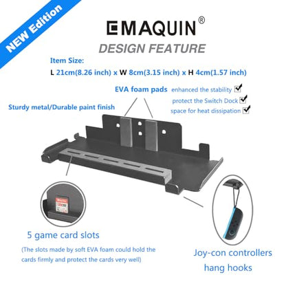 Wall Mount Bracket for Nintendo Switch 2/Switch OLED(Drill Free,Heavy Duty Sticker Installation,Sturdy Metal,5 Game Cards Holder,2 Joy-con Hanger,Easy Install Behind TV,Black)