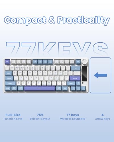 Womier DK75 75% Wireless Gaming Keyboard, RGB Backlit Creamy Keyboard with Media Knob, OLED Screen, Tri-Mode 2.4GHz/USB-C/BT5.0, Anti-Ghosting No-Conflict Silent Membrane Keyboard for MAC Windows - color: Blue&Purple