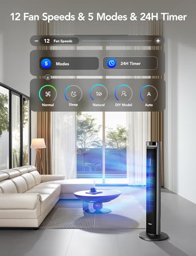 GoveeLife 42'' Tower Fan for Bedroom, Smart Floor Fans with 150° Adjustable Oscillating, APP & Voice Control, 5 Modes 12 Speeds up to 26ft/s, 24H Timer, 27dB Quiet Fan for Cooling Home Office Silver | Smart Floor Fans for Bedroom, up to 26ft/s, APP & Voic