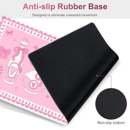 Desk Mat Pad, Gaming Mouse Pad Wrist Support Set, 4 in1 Non-Slip XXL Large Mousepad + Ergonomic Keyboard Wrist Rest+Mouse Wrist Rest+Coaster for Home Office Computer I Pink Kawaii Bow Bottle - color: Pink Kawaii Bow Bottle