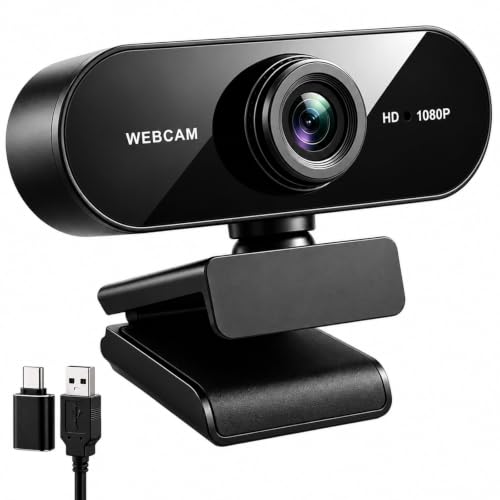 Gritto 1080P HD Webcam with Auto Focus & Microphone, 30FPS Computer Camera, USB Plug-and-Play with Type-C Adapter, 360° Rotating Webcam for Zoom Meetings, Teams, Streaming & Online Classes