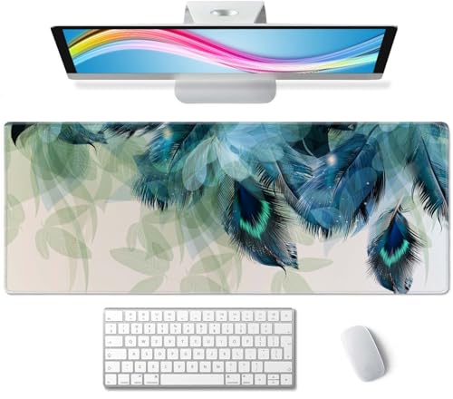 Large Gaming Mouse Pad with Stitched Edges, Desk Pad Extended Keyboard Mat, Non-Slip Rubber Base Mousepads for Laptop, Office, Home, 31.5X11.8 inch Watercolor Peacock Feather - color: Watercolor Peacock Feather