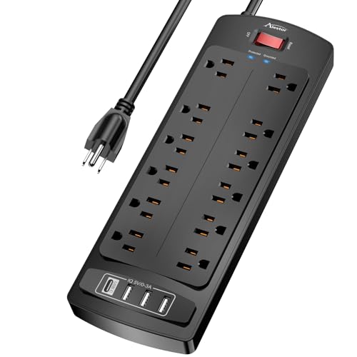 Power Strip Surge Protector - ALESTOR 10 Feet Extension Cord with 12 Outlets and 4 USB Ports, 2700 Joules, for Home, School, College Dorm Room, and Office, ETL Listed, Black - color: Black, size: 10 Ft