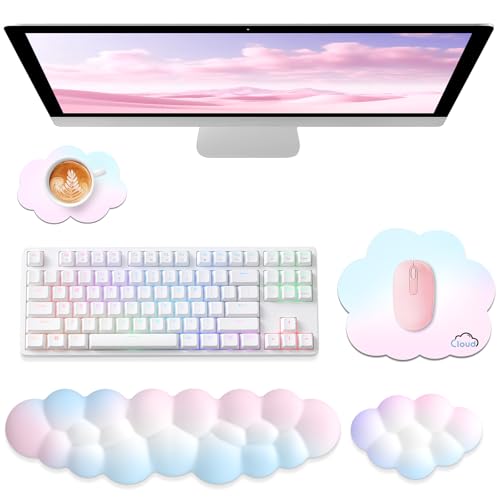 Sushret Cloud Wrist Rest for Computer Keyboard and Mouse Pad Set, Rainbow | Memory Foam, Leather, 4-in-1 Cloud Keyboard Wrist Rest Set with Ergonomic Support for Arm and Palm Cushion, Gaming/Work Setup - color: 02 Rainbow Set, size: Tenkeyless