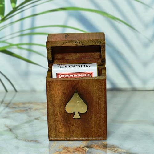 Playing Cards Holder, Handmade Wooden Card Storage Box with Brass Inlay Design, Anniversary Birthday Gifts "Made in India" (Design 3) - color: Design 3