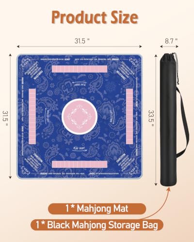 Mahjong Mat Table with Rules Mah Jong Mat Neoprene Travel Chinoiserie Floral Majong Learning Mat Instructions Mahjong Gifts Women Unique Non-Slip Rubber Pad, 31.5" x 31.5", Blue Pink - color: Blue Pink, size: 31.5" x 31.5"