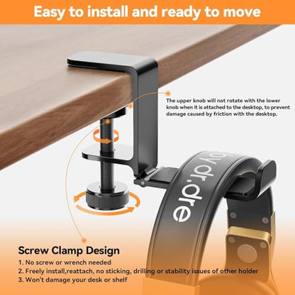 Headphone Hanger Holder Stand -Under Desk Headphone Hanger， Headset Hook Holder with Foldable，Space-Saving Aluminum Stand with Universal Fit for Gaming PC Accessories (Black-1PCS)