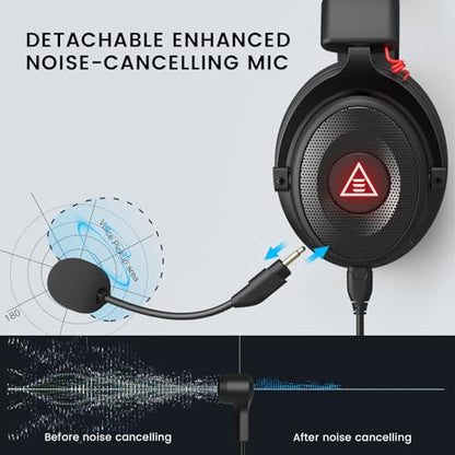 EKSA E900 Pro USB Gaming Headset for PC - Computer Headset with Detachable Noise Cancelling Mic, 7.1 Surround Sound, 50MM Driver - Headphones with Microphone for PS4/PS5, Xbox One, Laptop, Office - color: Wired Black-Red