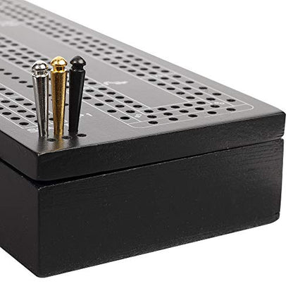 WE Games 3 Player Wood Cribbage Set - Easy Grip Pegs and 2 Decks of Cards Inside of Board - Black Stained - color: Black Stain