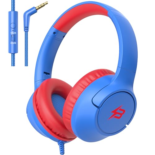 Kids Headphones for School, 85/94 dB Volume Limit, Wired Over Ear Headphones for Kids Boys Girls with Microphone, Foldable Stereo Sound 3.5mm Wired Cord for Kindle Tablet Airplane Travel, Blue - color: Blue