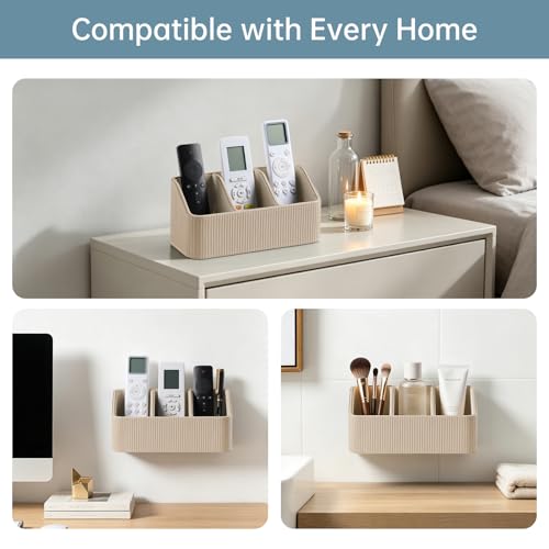 No Drill PU Leather Wall Remote Holder, 3 Compartments Storage Caddy for TV AC Remotes, Pens, Eyeglasses, Home Bedroom Bathroom Office (Stylish Beige Fine Ribbed) - color: Stylish Beige Fine Ribbed