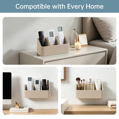 No Drill PU Leather Wall Remote Holder, 3 Compartments Storage Caddy for TV AC Remotes, Pens, Eyeglasses, Home Bedroom Bathroom Office (Stylish Beige Fine Ribbed) - color: Stylish Beige Fine Ribbed