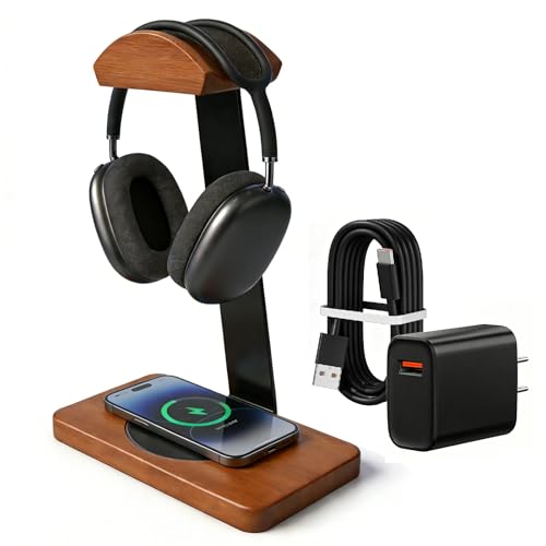 Solid Wooden Headphone Holder with Qi Wireless Charging Pad, Gift Choice | Heavy Duty Wood Universal Headset Stand Compatible with Airpods Max,Bose,Razer,AKG,Equipment Accessories for Walnut Desk - color: Black
