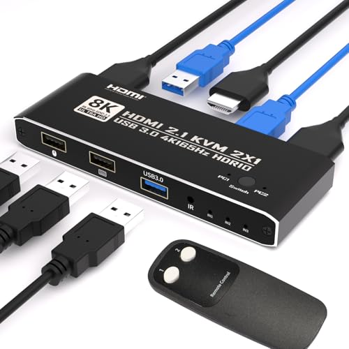 KVM Switch HDMI 2 in 1 Out for 1 Monitor 2 Computers 8K@60Hz 4K@165Hz | HDMI2.1 USB 3.0 Hub with IR Remote Control, Aluminum Alloy, HDR10, HDCP 2.2, EDID2.2 Adaptive