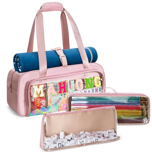 Yarwo 3 PCS Mahjong Bag Empty, Clear American Mahjong Tiles & Rack Bags Set | Zippered Game Storage with Mahjong Mat Strap and Sewn Chenille Letter for Mahjong Tiles, Racks & Pushers, Case Only, Pink - color: Pink
