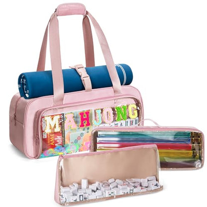 Yarwo 3 PCS Mahjong Bag Empty, Clear American Mahjong Tiles & Rack Bags Set | Zippered Game Storage with Mahjong Mat Strap and Sewn Chenille Letter for Mahjong Tiles, Racks & Pushers, Case Only, Pink - color: Pink