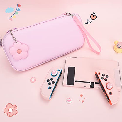 DLseego Pink Switch Case Set Carrying Case with 10 Slots Cute Protective Dockable Hard Shell with 4PCS Lovely Cat Paw Thumb Grips Caps and 1PC Flower Blossom Chain for Switch 2017 Version - color: Pink, size: Switch 1 6.3inch