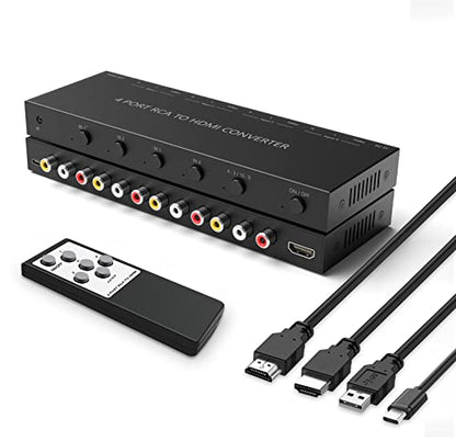 4Port AV to HDMI Converter, 4Port AV to HDMI Switcher with IR Remote, Support 16:9/4:3 and Quick Switch Compatible with WII/N64/SNES/Xbox/PS1/PS2/PS3/VHS/VCR/DVD Players etc.(4AV In-1HDMI Out) - style: 4Port AV to HDMI Converter