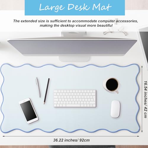 Hahafelt Scalloped Desk Mat Large Desk Pad Cute Coquette Table Mat Back to School Preppy Table Make up Pad Nonslip Graduation Gift with Stitching Waterproof Gaming(Blue,36 x 17 Inches) - color: Blue, size: 36 x 17 Inches