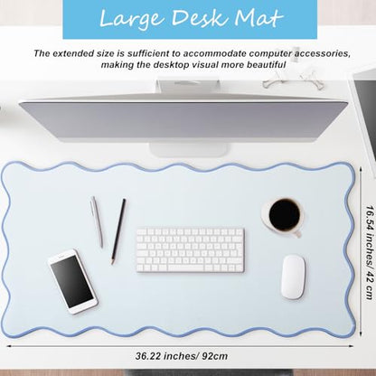 Hahafelt Scalloped Desk Mat Large Desk Pad Cute Coquette Table Mat Back to School Preppy Table Make up Pad Nonslip Graduation Gift with Stitching Waterproof Gaming(Blue,36 x 17 Inches) - color: Blue, size: 36 x 17 Inches