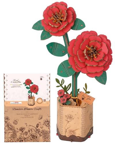 3D Flower Wooden Puzzles for Adults-Red Camellia, DIY Wooden Flowers Model Kit Building Set Crafts Birthday Gifts, Artificial Botanical Collection Creative Gift Idea/Housewarming (113PCS) - style: TW - Red Camellia
