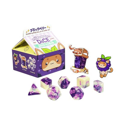 1985 Games BlackBerry Kawaii Cat Dice Set – Milk Carton-Inspired Dice for DND | TTRPGs & Tabletop Roleplaying - color: Blackberry