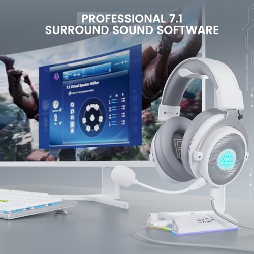 EKSA USB Gaming Headset for PC, Computer Gaming Headphones with Detachable Microphone Noise Cancelling, 7.1 Surround Sound, 50MM Driver, Wired Headset for PS4 PS5, Xbox One, Laptop (White) - color: White