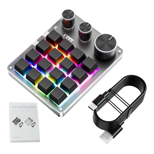 Programmable Macro Keyboard, 16 Keys 3 Knob Mini Mechanical Gaming Keypad Multifunctional Macropad with USB Wired Bluetooth Mode Volume Controller (Black) - color: Black