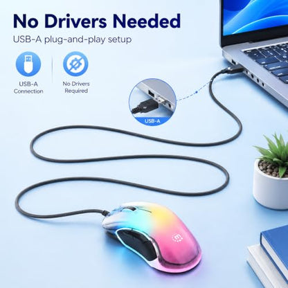 MANHATTAN RGB LED Wired USB Mouse, 12800 DPI, 5 Buttons, Braided | Transparent right-hand USB-A controller with dpi indicator LEDs, quiet wheel and browser thumb keys for PC or laptop