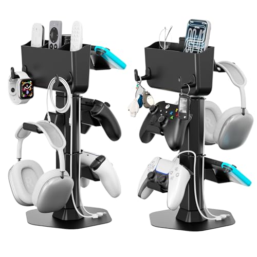Headphone and Controller stand, Headphone Stand for Desk, PS5/PS4/Xbox/Switch Game Controller Holder, Gaming Headset Stand with Storage Box and Two Hooks for Remote Control Watch, Sega Genesis Consoles