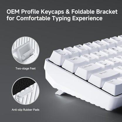 TMKB 60% Mechanical Gaming Keyboard, Red Linear Switch, Wired, White | LED Backlight, Anti-Ghosting, Detachable USB-C, Double-Shot Keycaps, 61 Keys - style: White