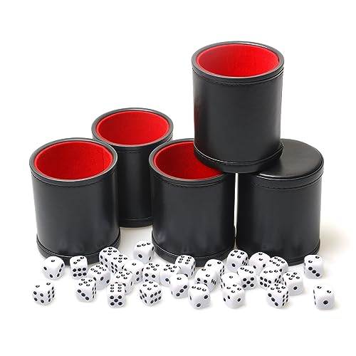 5 Pack PU Leather Dice Cup Set with 6 Dot Dices Felt Lined Quiet Shaker for Yahtzee Bar Party Family Dice Games,Red/Black - color: Red