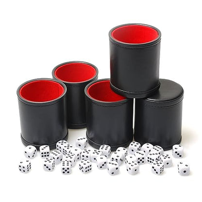 5 Pack PU Leather Dice Cup Set with 6 Dot Dices Felt Lined Quiet Shaker for Yahtzee Bar Party Family Dice Games,Red/Black - color: Red