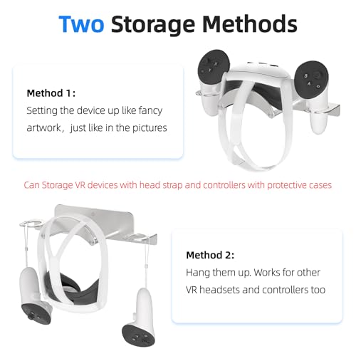 VR Wall Mount Aluminum Alloy,VR Headset Wall Mount Storage Stand Hook Compatible with Meta Quest 3/Quest Pro/Quest 2,Quest 3 Stand with 2 Storage Way,Desk Space Saving(Silver)
