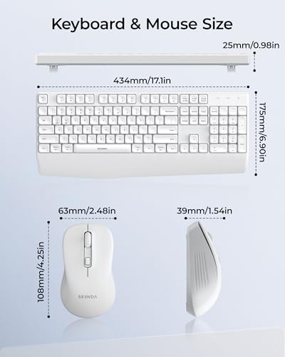 seenda COE200 Wireless Bluetooth Keyboard and Mouse Combo with Wrist Rest | USB/Bluetooth multi-device switching, quiet keys & clicks, full-size ergonomic set for PC, laptop, Mac, MacBook, White - color: White