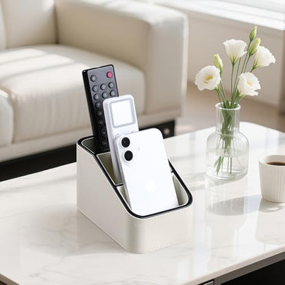PU Leather Remote Control Holder, Small Desk Organizer Office Supply Bedside Caddy for Nightstand End Table Couch, Pen Remote Organizer with 3 Compartments (Cream) - color: Cream