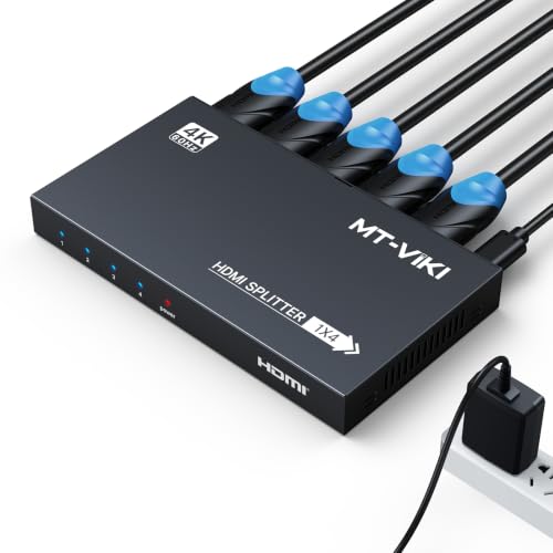 MT-VIKI 1x4 2.0 HDMI Splitter 1 in 4 Out, 4K@60Hz HDMI Duplicator/Distributor HDR Support EDID HDCP 2.2 RGB 4:4:4 18Gbps-Adapter Included (4 Ports) - size: 1x4 4K60