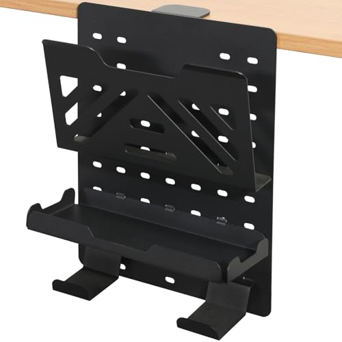 MAXECHO Desk Side Storage Holder, Metal Pegboard, Above or Under Desk Laptop Mount, Table Side Hanging File Organizer, Clamp On Cable Management Tray, Peg Board for Gaming, Office - color: Black, size: Single-deck with Cable Tray & Hooks