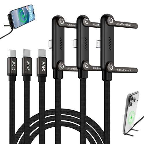 3 Pack Invisible Holder Charger Cable, 240W PD Fast Charging Cable for Desk, USB-C to USB-C & Light-ning Cable 4.9 FT with 360° Adjustable Metal Stand, 2 in 1 Holder Charger for Gaming, Office, Home - size: 3PCS ( 2 C to C & 1 C to Lightning )