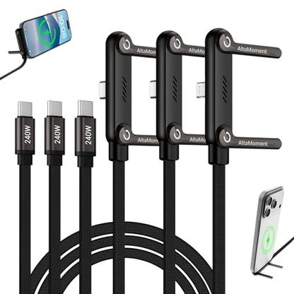 3 Pack Invisible Holder Charger Cable, 240W PD Fast Charging Cable for Desk, USB-C to USB-C & Light-ning Cable 4.9 FT with 360° Adjustable Metal Stand, 2 in 1 Holder Charger for Gaming, Office, Home - size: 3PCS ( 2 C to C & 1 C to Lightning )