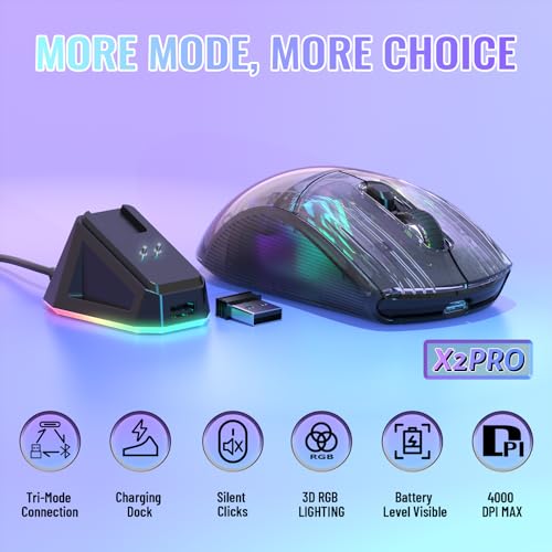 ATTACK SHARK X2 Pro Wireless Gaming Mouse with RGB Charging Dock,Tri-Mode PC Gaming Mice 2.4G/Bluetooth/Wired,Noiseless Mouse RGB Backlit,Transparent Shell,PixArt 3212 4000 DPI,for Win/MAC,Black - color: Black PRO