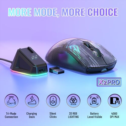 ATTACK SHARK X2 Pro Wireless Gaming Mouse with RGB Charging Dock,Tri-Mode PC Gaming Mice 2.4G/Bluetooth/Wired,Noiseless Mouse RGB Backlit,Transparent Shell,PixArt 3212 4000 DPI,for Win/MAC,Black - color: Black PRO