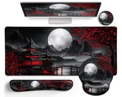 LIMKRIAN Japanese Ergonomic Mouse Pad with Wrist Rest, Large Desk Mat Set | Gaming Computer Mat, Keyboard Wrist Support, Coaster, Desk Matt for Desktop, Japanese Anime Office Supplies Desk Accessories - color: XXL-Full Moon