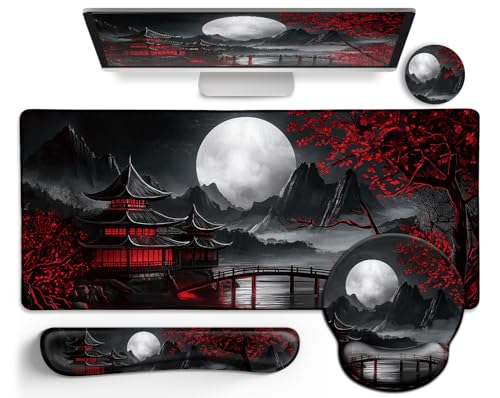 LIMKRIAN Japanese Ergonomic Mouse Pad with Wrist Rest, Large Desk Mat Set | Gaming Computer Mat, Keyboard Wrist Support, Coaster, Desk Matt for Desktop, Japanese Anime Office Supplies Desk Accessories - color: XXL-Full Moon