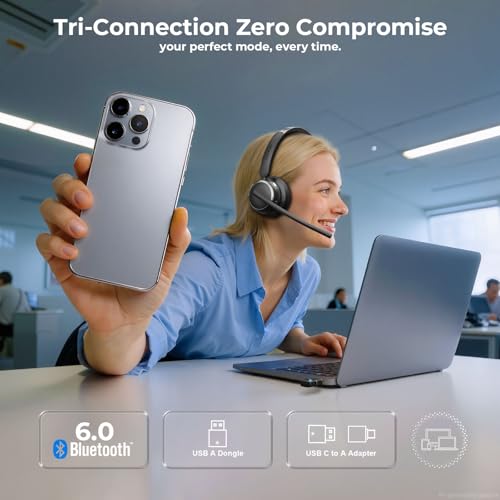 Wireless Headset with Mic for Work, USB A/C Dongle, Bluetooth 6.0 Headset with AI Noise Cancelling Microphone, Wireless Headphones with Mic Mute & 65H, Wireless Headset for PC/Computer/Laptop/Teams