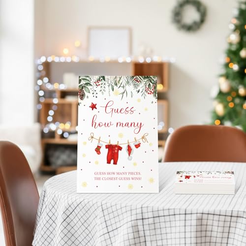 Christmas Guess How Many Baby Shower Game Pack of 1 Tabletop Sign with Stand and 50 How Many Cards, Christmas Gender Reveal Party Game Decorations(Santa) - style: Santa