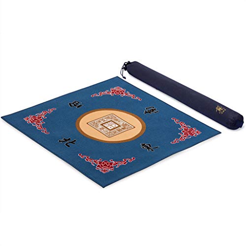 Yellow Mountain Imports Table Cover for Mahjong, Poker, Card Games, Board Games, Tile Game, and Dominoes - 31.1 Inches - Roll-up Gaming Mat with Carrying Bag | Felt game table cover, 79 x 79 x 0.3 cm, non-slip rubber backing, blue pattern, includes a carr