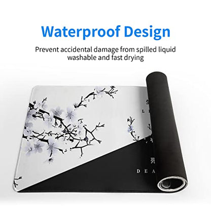 Black and White Japanese Cherry Blossom Gaming Mouse Pad Sakura Death Life Flower Mat 31.5x11.8 Inch Texture Non-Slip Rubber Base Mousepad Stitched Edges Keyboard Desk Pad for Office Home Game - color: Black and White Cherry Blossom