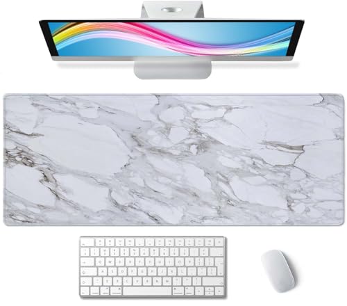 White Grey Marble Print Large Gaming Mouse Pad Keyboard Desk Pad Extended Mouse Pad Gaming Office Decor, PC Laptop Mouse Pads Large (31.5x11.8 in) with Stitched Edges Non-Slip Base Mousepad XL - color: White Grey Marble Print